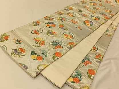 平和屋着物◎六通柄袋帯 唐織松皮菱花鳥丸文 金銀糸 正絹 逸品 CAAV1903qv