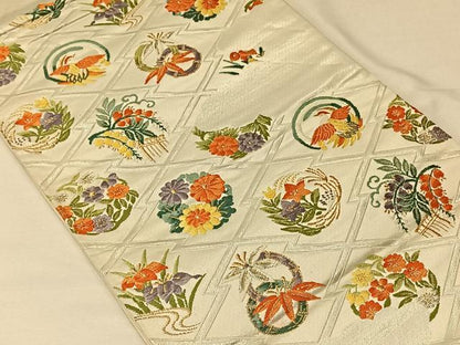 平和屋着物◎六通柄袋帯 唐織松皮菱花鳥丸文 金銀糸 正絹 逸品 CAAV1903qv