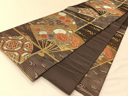 平和屋着物◎六通柄袋帯 唐織 扇面開花文様 金銀糸 正絹 逸品 CAAV1905qv