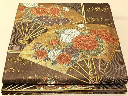 平和屋着物◎六通柄袋帯 唐織 扇面開花文様 金銀糸 正絹 逸品 CAAV1905qv