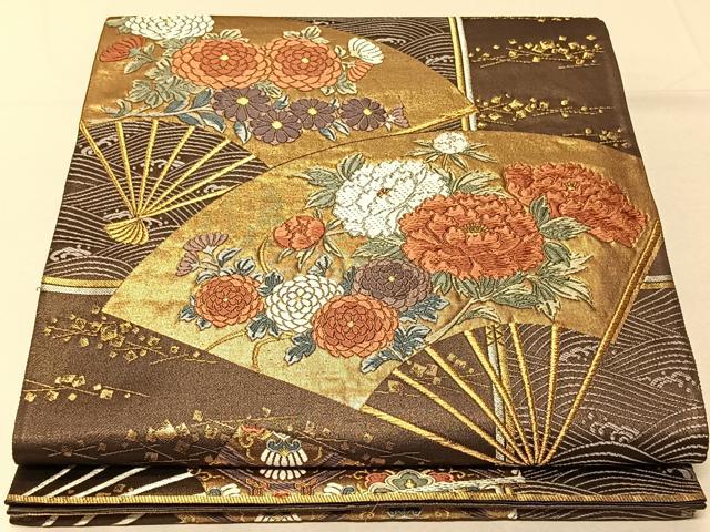 平和屋着物◎六通柄袋帯 唐織 扇面開花文様 金銀糸 正絹 逸品 CAAV1905qv