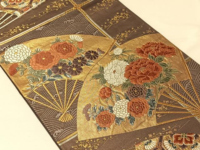 平和屋着物◎六通柄袋帯 唐織 扇面開花文様 金銀糸 正絹 逸品 CAAV1905qv