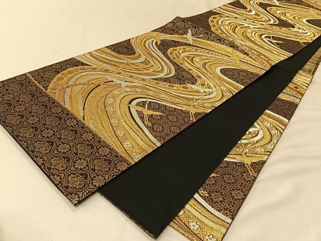 袋帯 六通柄 高級 正絹 上品 紺 金 金糸 銀糸 和服帯 平和屋着物◎六通柄袋帯 飛鶴流水文 金銀糸 正絹 逸品