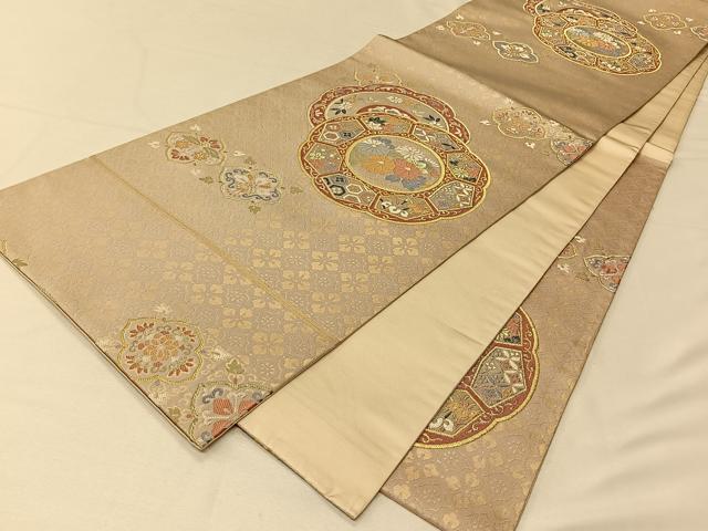 平和屋着物◎六通柄袋帯　花絵皿文　金糸　正絹　逸品　CAAV1913qv
