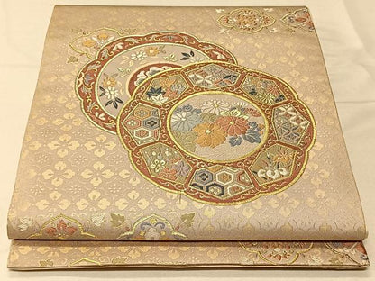 平和屋着物◎六通柄袋帯　花絵皿文　金糸　正絹　逸品　CAAV1913qv