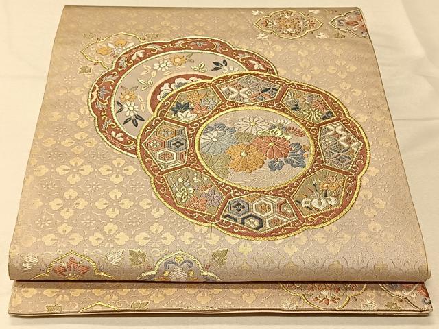 平和屋着物◎六通柄袋帯　花絵皿文　金糸　正絹　逸品　CAAV1913qv