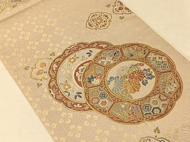 平和屋着物◎六通柄袋帯　花絵皿文　金糸　正絹　逸品　CAAV1913qv