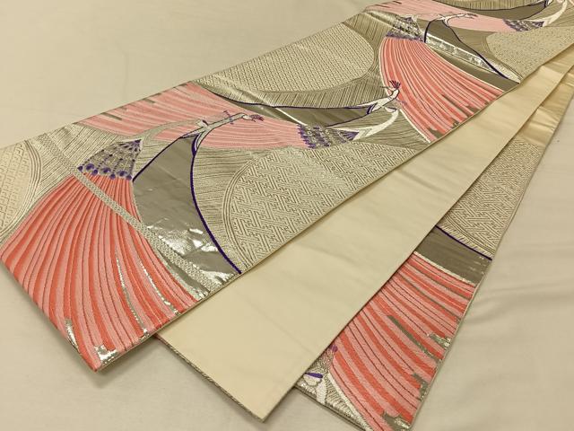 平和屋着物◎六通柄袋帯 唐織 孔雀文 銀糸 正絹 逸品 CAAV1922qv