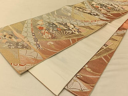 平和屋着物◎六通柄袋帯 唐織 扇面花鳥文 金銀糸 正絹 逸品 CAAV1928qv