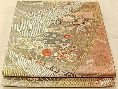 平和屋着物◎六通柄袋帯 唐織 扇面花鳥文 金銀糸 正絹 逸品 CAAV1928qv