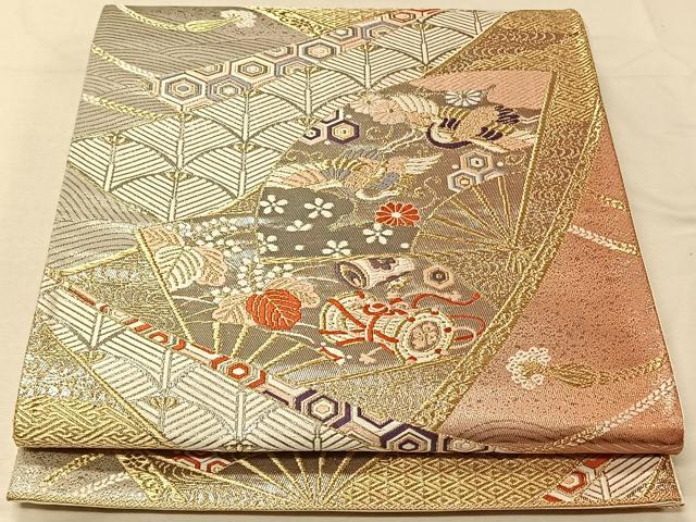 平和屋着物◎六通柄袋帯 唐織 扇面花鳥文 金銀糸 正絹 逸品 CAAV1928qv