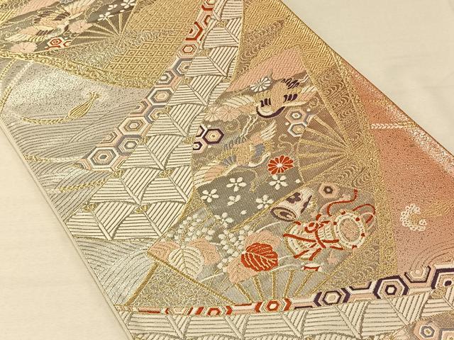 平和屋着物◎六通柄袋帯 唐織 扇面花鳥文 金銀糸 正絹 逸品 CAAV1928qv