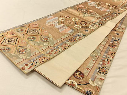 平和屋着物◎六通柄袋帯　唐織　地紙花鳥文　金糸　正絹　逸品　CAAV1944qv
