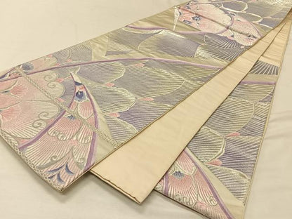 平和屋着物◎六通柄袋帯　唐織　孔雀に蝶舞　銀糸　正絹　逸品　CAAV1947qv