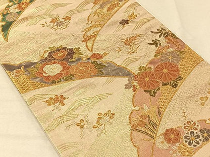 平和屋着物◎六通柄袋帯　雪芝花文　金糸　正絹　逸品　CAAV1973qv