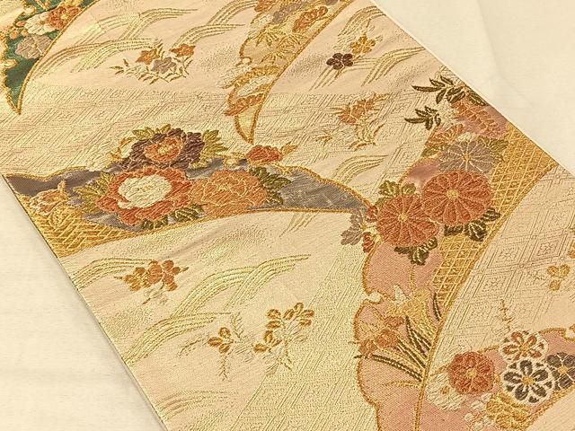 平和屋着物◎六通柄袋帯　雪芝花文　金糸　正絹　逸品　CAAV1973qv