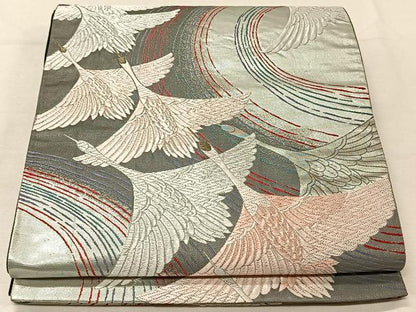 平和屋着物◎六通柄袋帯　唐織　群鶴　黒地　金銀糸　正絹　逸品　CAAV1974qv