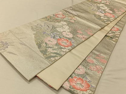 平和屋着物◎六通柄袋帯　唐織　草花文　銀糸　正絹　逸品　CAAV1983qv
