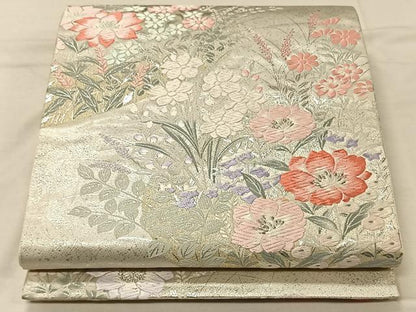平和屋着物◎六通柄袋帯　唐織　草花文　銀糸　正絹　逸品　CAAV1983qv
