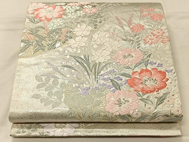 平和屋着物◎六通柄袋帯　唐織　草花文　銀糸　正絹　逸品　CAAV1983qv