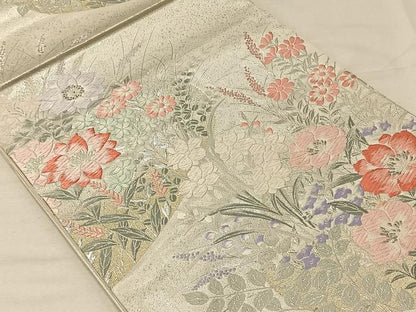 平和屋着物◎六通柄袋帯　唐織　草花文　銀糸　正絹　逸品　CAAV1983qv
