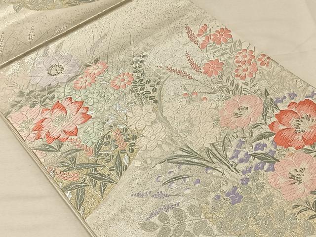 平和屋着物◎六通柄袋帯　唐織　草花文　銀糸　正絹　逸品　CAAV1983qv