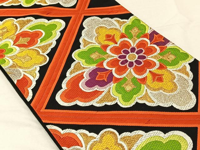 平和屋着物◎六通柄袋帯　唐織　花菱文　黒地　金糸　正絹　逸品　CAAV1999qv