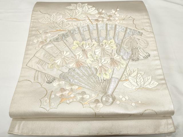 平和屋着物◎太鼓柄袋帯　総刺繍　駒刺繍　檜扇花文　金銀糸　正絹　逸品　CAAV2287ev