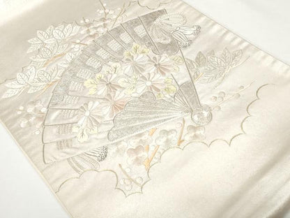 平和屋着物◎太鼓柄袋帯　総刺繍　駒刺繍　檜扇花文　金銀糸　正絹　逸品　CAAV2287ev