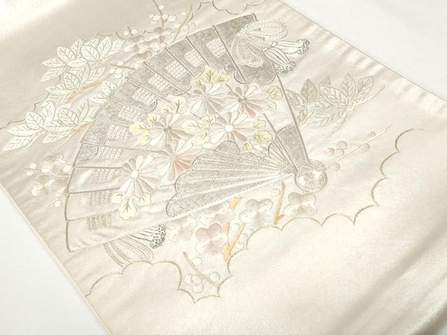 平和屋着物◎太鼓柄袋帯　総刺繍　駒刺繍　檜扇花文　金銀糸　正絹　逸品　CAAV2287ev