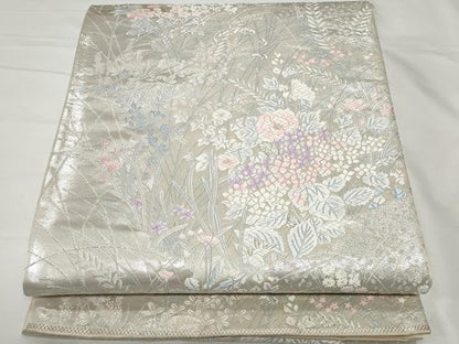 平和屋着物◎六通柄袋帯　唐織　草花文　銀糸　正絹　逸品　CAAV2290ev