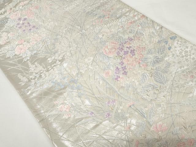 平和屋着物◎六通柄袋帯　唐織　草花文　銀糸　正絹　逸品　CAAV2290ev