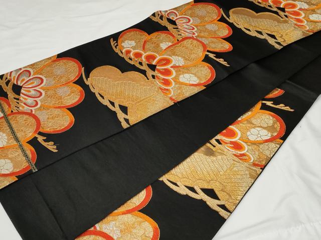 平和屋着物◎六通柄袋帯　唐織　笠松文　黒地　金糸　正絹　逸品　CAAV2292ev