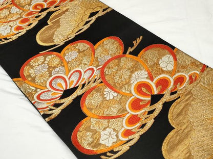 平和屋着物◎六通柄袋帯　唐織　笠松文　黒地　金糸　正絹　逸品　CAAV2292ev