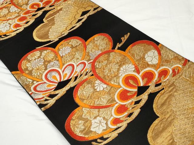 平和屋着物◎六通柄袋帯　唐織　笠松文　黒地　金糸　正絹　逸品　CAAV2292ev