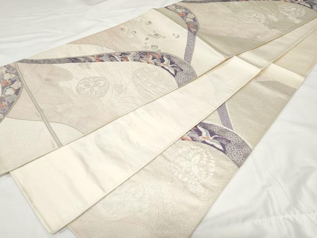平和屋着物◎六通柄袋帯　唐織　飛鶴花蝶文　銀糸　正絹　逸品　CAAV2306ev