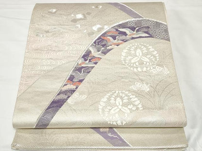 平和屋着物◎六通柄袋帯　唐織　飛鶴花蝶文　銀糸　正絹　逸品　CAAV2306ev