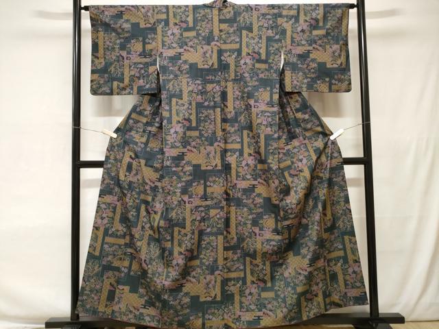 平和屋着物■上質な紬　色紙重ね草花文　正絹　逸品　CAAV2616ev
