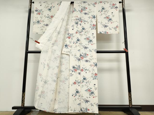 平和屋着物▽上質な小紋 単衣 枝椿 鬼しぼ縮緬 正絹 逸品 CAAV3157ut