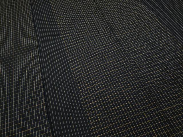 平和屋着物▽上質な紬 単衣 格子間道 黒地 正絹 逸品 CAAV3159ut