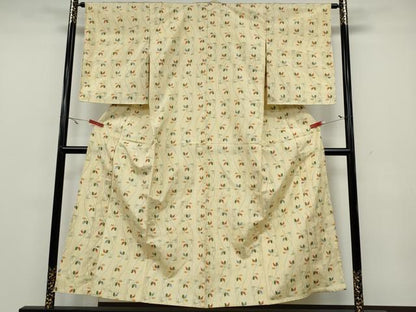 平和屋着物▽上質な紬 　単衣　よろけ縞枝葉文 　正絹　逸品　未使用　CAAV3163ut