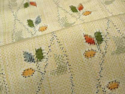 平和屋着物▽上質な紬 　単衣　よろけ縞枝葉文 　正絹　逸品　未使用　CAAV3163ut