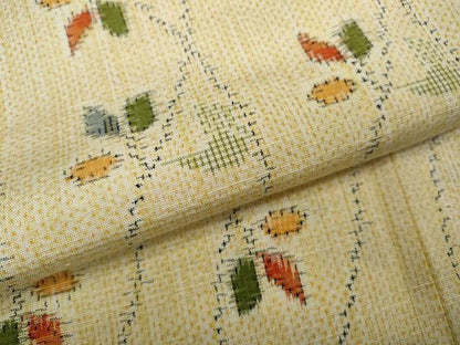 平和屋着物▽上質な紬 　単衣　よろけ縞枝葉文 　正絹　逸品　未使用　CAAV3163ut