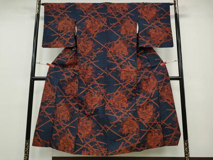 平和屋着物▽上質な紬 単衣 竹垣花唐草文 正絹 逸品 CAAV3168ut
