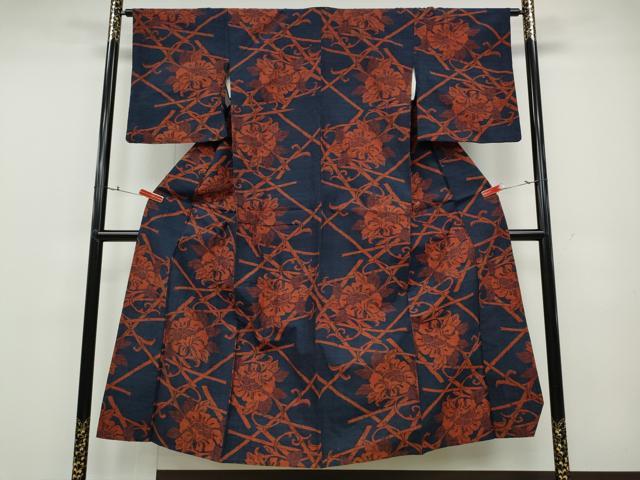 平和屋着物▽上質な紬 単衣 竹垣花唐草文 正絹 逸品 CAAV3168ut