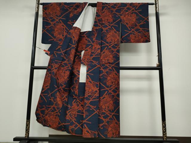 平和屋着物▽上質な紬 単衣 竹垣花唐草文 正絹 逸品 CAAV3168ut
