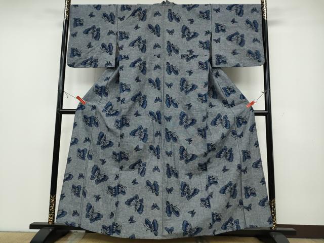 平和屋着物▽上質な小紋 単衣 舞蝶文 綿 逸品 CAAV3172ut