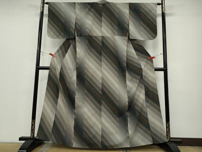 平和屋着物▽小紋 単衣 斜線文 黒地 洗える着物 CAAV3177ut