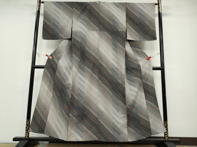 平和屋着物▽小紋 単衣 斜線文 黒地 洗える着物 CAAV3178ut