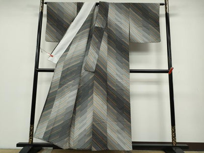 平和屋着物▽小紋 単衣 斜線文 黒地 洗える着物 CAAV3178ut